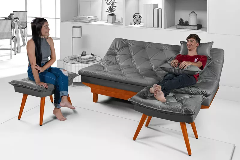 Sofá Cama Courino Cinza Caribe Reclinável + Duas B... - Essencial Estofados - Loja da Fábrica Sofá Cama Courino Cinza Caribe Reclinável + Duas B... - Essencial Estofados - Loja da Fábrica